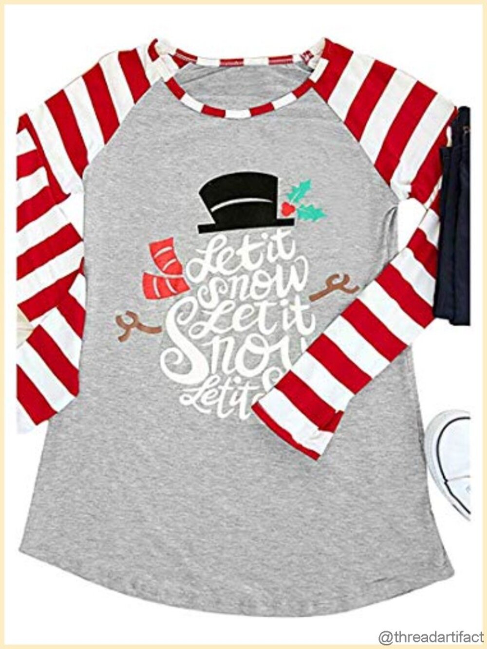 Let It Snow Christmas Snowman 3/4 Raglan Sleeve T-Shirt Women Holiday Baseball